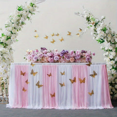 YICKYUE  Albassa Table Skirts for Rectangle or Round Tables Pink Tulle TableCloth with 3D Butterfly for Princess Shower Birthday Party Decorations 9ft*H 30inPink