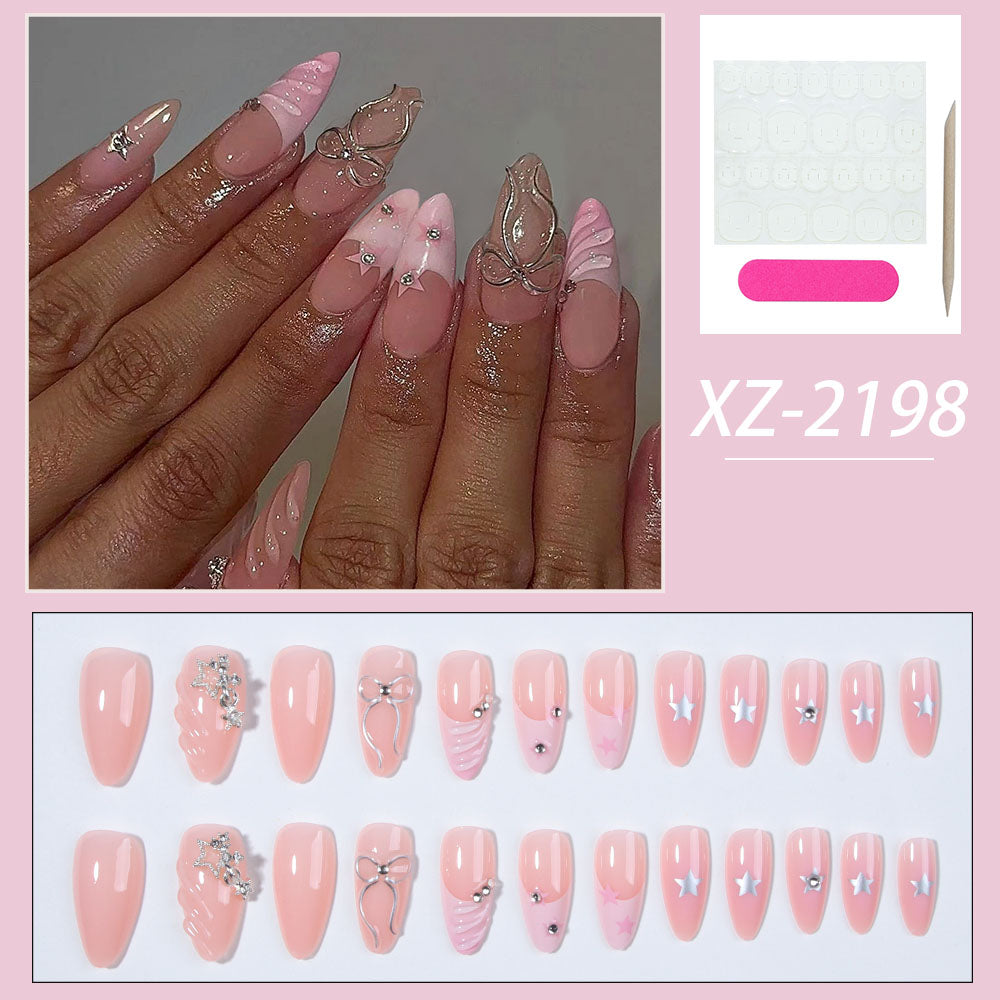YICKYUE  -  24 pcs Pink French Tip Nails with 3D Vacuum Resin Bow and Crystal Design, Removable False Nails for Women and Girls, Full Covera