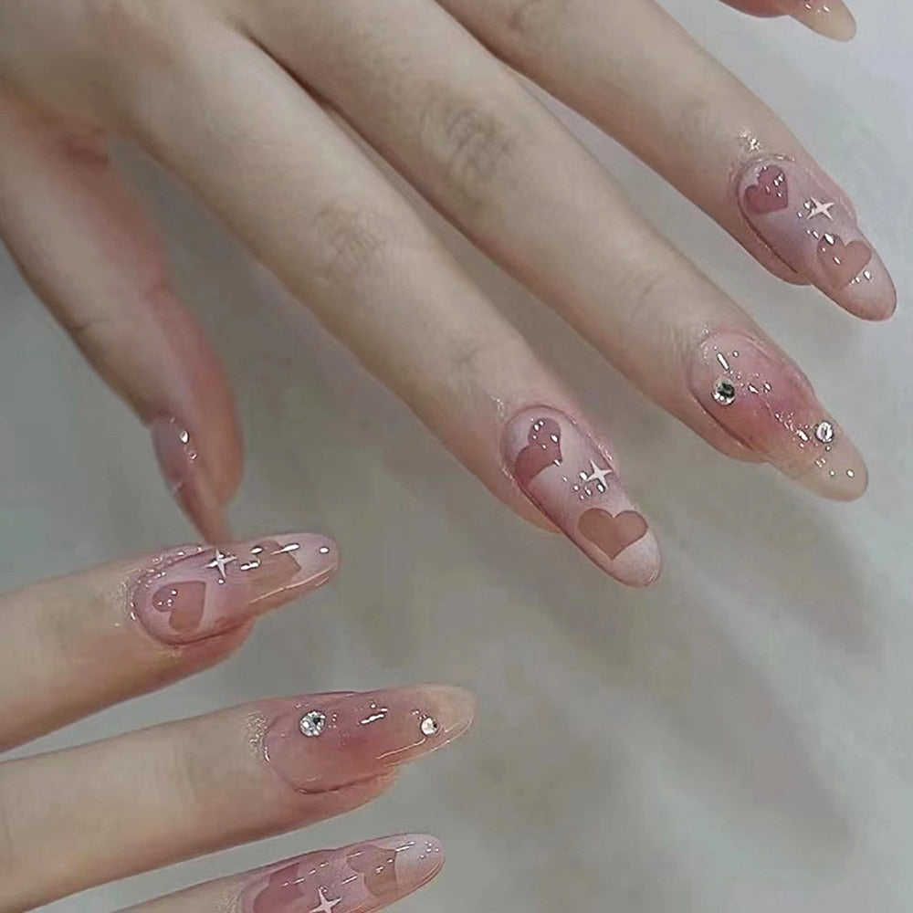 24Pcs Pink Heart Pattern False Nail with Diamond Decor Oval Pointed Head Fake Nail Full Finished Press on Nails for Women Girls