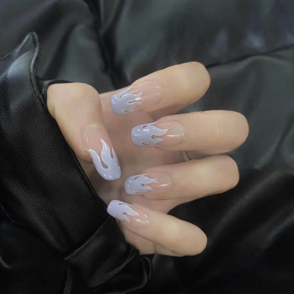 24pcs Super New Product Blue flame fake nails Flat-tip nail tip extension Press On False Nails Punk Salon Manicure Decoration