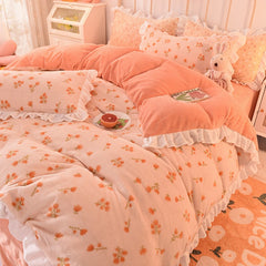 Autumn and Winter Milk Fiber Four-Piece Ins Coral Fleece-Lined Thickened Princess Style Double-Sided Bed Sheet Girl Quilt Cover