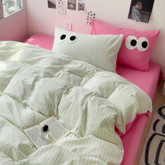 YICKYUE  -  Korean Duvet Cover Set No Filler Pink Green Strips Cute Eyes Flat Sheet Pillowcase Single Double Size Boys Girls Bed Linen