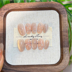 YICKYUE -  10Pcs Sweet Handmade Press on Nails LightPink Cat Eyes Oval Fake Nails Cute Rhinestone Design Fake Nails Wearable Manicure