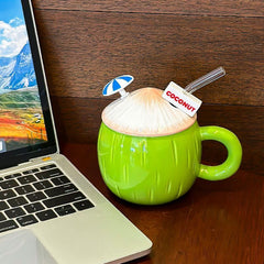 YICKYUE  -  Creative Cup Summer Coconut Mug Girl Heart Cute Large Capacity Ceramic Cup With Lid Water Bottle Kitchen Acceesories Home Decor
