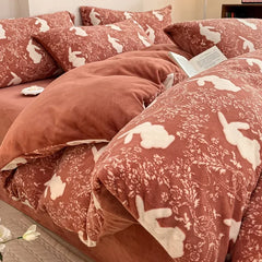 YICKYUE  -  Milk Coral Fleece Bedding Set of Four Pieces with Double Face Flannel Quilt Cover Bedding and Suede Sheet Fitted Sheet