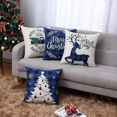 Yickyue 4PCS/Set 2022 New Christmas Cushion Cover 45*45 Blue Linen Elk Snowflake Print Pillow Covers Decorative Home Decor Pillowslip
