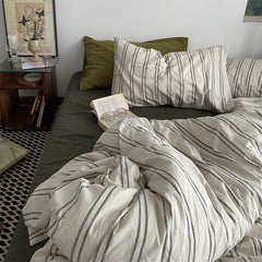 YICKYUE  -  100%Cotton Stripe Pattern  Bedding Set Water Wash Simple Japanese Men's Room Student Dormitory Master's Room Single/Twin/Queen