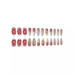 YICKYUE  -  24pcs Long Almond Aurora Fake Nails Press On Acyrlic Nails Wearable French False Nails with 3D Red White Crystal Flower Decor