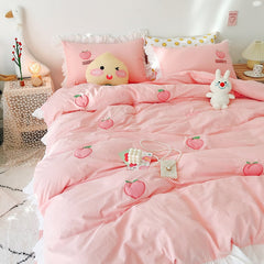 Kawaii Peach Strawberry Bedding Set For Home Cotton Pink Twin Full Queen Size Cute Double Bed Sheet Pillowcase Duvet Quilt Cover