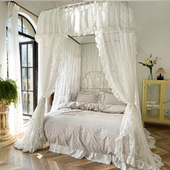 YICKYUE -  Three Door Princess Lace Bed Valance Windproof Blackout Bed Curtain U -Shape Rail Mosquito Net Double Bed  Bedroom Decoration