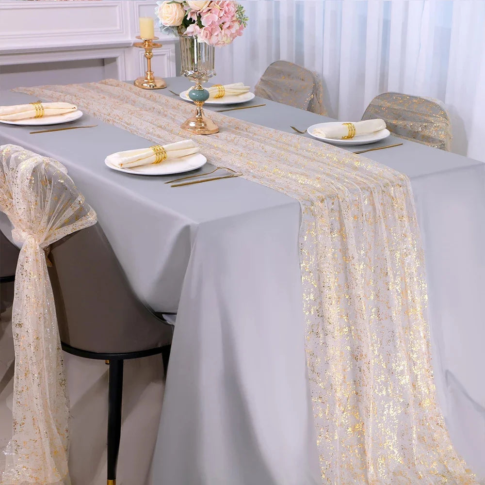 YICKYUE  10 Pcs Sheer Table Runner Tulle Cheesecloth Sequin Glitter Metallic Gold Party Table Decorations for Wedding Birthday Baby Showe