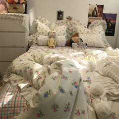 YICKYUE  -  Elegant romantic flower bedding set girl,cotton fairyfair ruffled twin full queen home textile bed sheet pillow case quilt cover