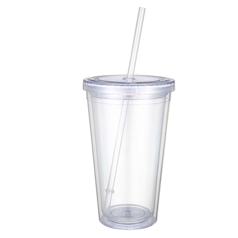 Clear Plastic Cup Tumbler with Flat Slotted Lid Reusable Water Bottle Double Wall Drink Cup With Straw Drinkware For Gifts