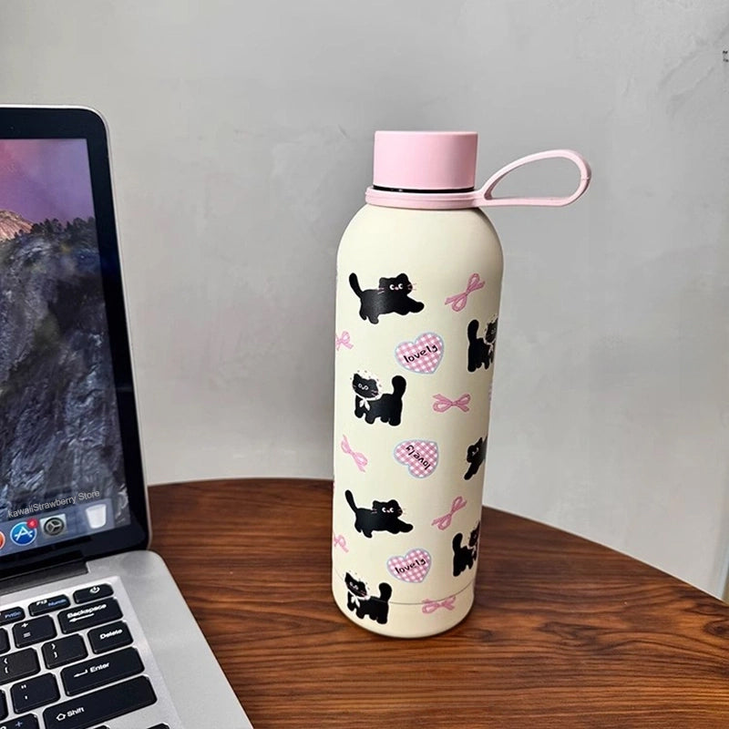 YICKYUE  -  Kawaii Stainless Steel Thermos Bottle 500ml Cute Cat Coffee Tea Thermos Cup Leak-Proof Girl Insulated Water Bottle With Handle