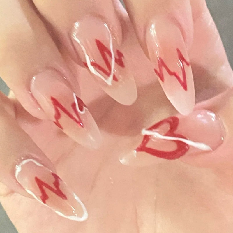 24Pcs French Almond Electrocardiogram Fake Nails Simple Heart Nails Ladies Press On Designed False Nails Tips Full Cover Nail