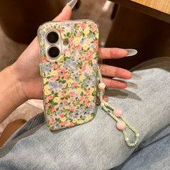 YICKYUE  -  Ins Full Screen Pink Yellow Rose Flowers Green Leaves Bracelet Phone Case for iPhone 16 15 14 13 Pro Max Back Cover Fund
