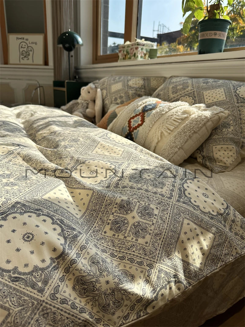 YICKYUE  -  ins retro ethnic style bed four-piece cotton pure cotton literary quilt cover sheets