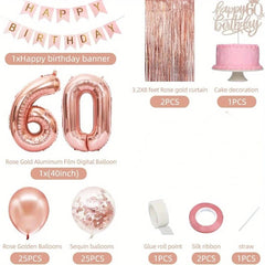 58Pc/Set 40-Inch Number Foil Balloons Party Backdrop Rain Curtain Rose Gold Glitter Balloons Happy Birthday Pink Banner Birthday Party Set Celebration Birthday Party Combo Set Suitable for 16Th 21St 30Th 40Th 50Th 60Th 70Th C