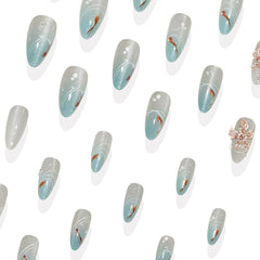 YICKYUE  -  24pcs 3D Carved Petal Decor False Nails Gradient Blue Almond Fake Nails Tips Wearable Detachable Spice Girl Press on Nails