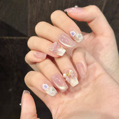 YICKYUE  -  10pcs Handmade Press on Nails Sweet Pink Cat Eye Fake Nail Tips Reusable Wearable Sweet Girl 3D Bow Design Korean False Nails