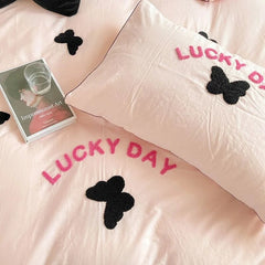 Yickyue Korean Girls' Bed Set Ins Butterfly Embroidered Duvet Cover Washed Cotton Quilt Cover Bed Sheets Solid Color Bed Linens Bedroom