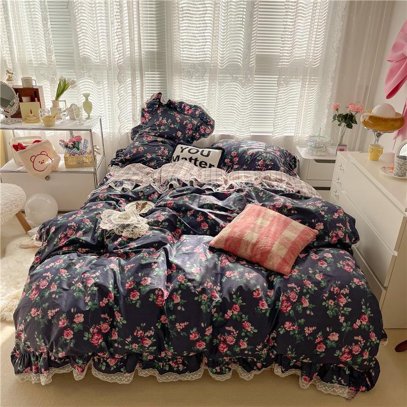 100%Cotton Single Queen Double size Bedding Sets for Girls Vibrant Flowers Down Comforter Cover Zipper Bed Sheet Pillow shams