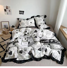 YICKYUE  -  Korean-style inset style sketch flower matted quilt cover lace four-piece set single bedroom sheet quilt cover washed cotton