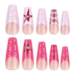 YICKYUE  -  24pcs French Five-pointed Star fake nails Wearing Long y2k press on nails Small Diamond Nail Art Finished nails 3D Ripple Decor
