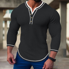 Hearujoy waffle Henry Collar Button T shirts For Men Patchwork Long Sleeve Tops Sweatshirt Spring Autumn Fashion Casual Tee Streetwear