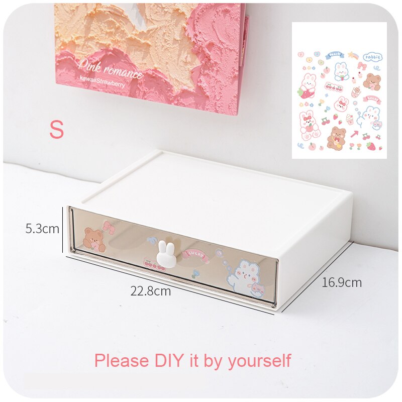 Cute Desk Organizer Drawer With Sticker Kawaii Plastic Office Table Organizer Stationery Storage Box Container For Home School