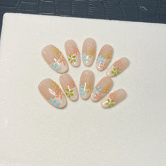 YICKYUE  -  10Pcs Cute French Handmade Press on Nails Full Cover 3D Colorful Flower Design Oval False Nails Wearable Manicure Nail Tips Art