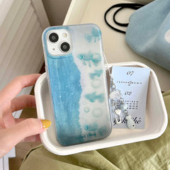 YICKYUE   -  Summer Seaside Blue Fishes Cartoon Phone Case For Iphone 14Pro 14 15ProMax 15 13 12 Pro Max Cute Love Heart Pin Pendant Cover