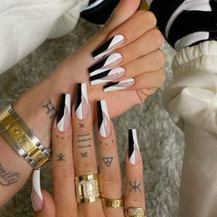 Halloween Detachable Press On Nails Long Black White Coffin Ballerina False Nails Wearable French 2021 New Full Cover Nail Tips
