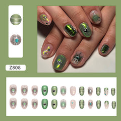 YICKYUE  -  Green Star y2k Nails Press On Short Round Nails for Cool Girls Aurora Fake Nails With Diamond Charms Designs Finished False Nail