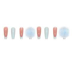 YICKYUE  -  Blue Furry Ball Cute Press on Nails Wearing Armor Ballet Shaped French Minimalist Glitter Diamond Studded Nail Art