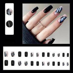 24Pcs Silver Pink Gradient Ballet False Nails With Butterfly Heart Design Long Coffin Fake Nails Press On Nail Wear Manicure Tip