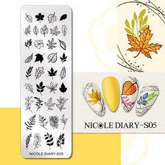 NICOLE DIARY Autumn Theme Nail Stamping Plate Maple Leaves Lines Fall Design Stainless Steel Overprint Nail Stamp Stencils