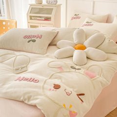 Yickyue Cute Bed Linens Set Winter Thickened Warm Plush Duvet Cover Sheet Pillowcase 4pcs Luxury Bedding Set Kid Christmas New Year Gift