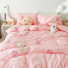 Kawaii Peach Strawberry Bedding Set For Home Cotton Pink Twin Full Queen Size Cute Double Bed Sheet Pillowcase Duvet Quilt Cover
