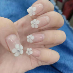 24pcs Pink Transparent Glue False Nails 2022 Flower Design Oval Press On Fake Nails Manually Removable Plastic Nail Art For Girl