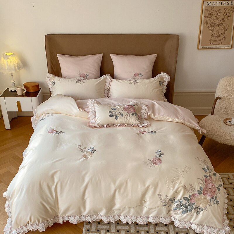 Yickyue French Pastoral Style 600TC Egyptian Cotton Bedding Set with Lace & Embroidery Bed Sheet Duvet Cover Set (Queen King Size,4pcs)