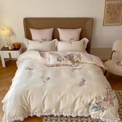 Yickyue French Pastoral Style 600TC Egyptian Cotton Bedding Set with Lace & Embroidery Bed Sheet Duvet Cover Set (Queen King Size,4pcs)