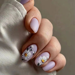 Yickyue  Hand-painted Daisy Flowers Bee Nail Art Purple Color False Nails Fashion Detachable Finished Fake Nails Press on Nails with Glue