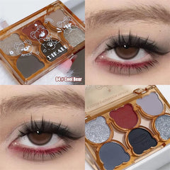 YICKYUE  -  Cartoon Bears Pearlescent Glitter Eyeshadow Palette Matte Velvet Shimmer Smoky Red Eye Shadow Waterproof Korean Contour Makeup