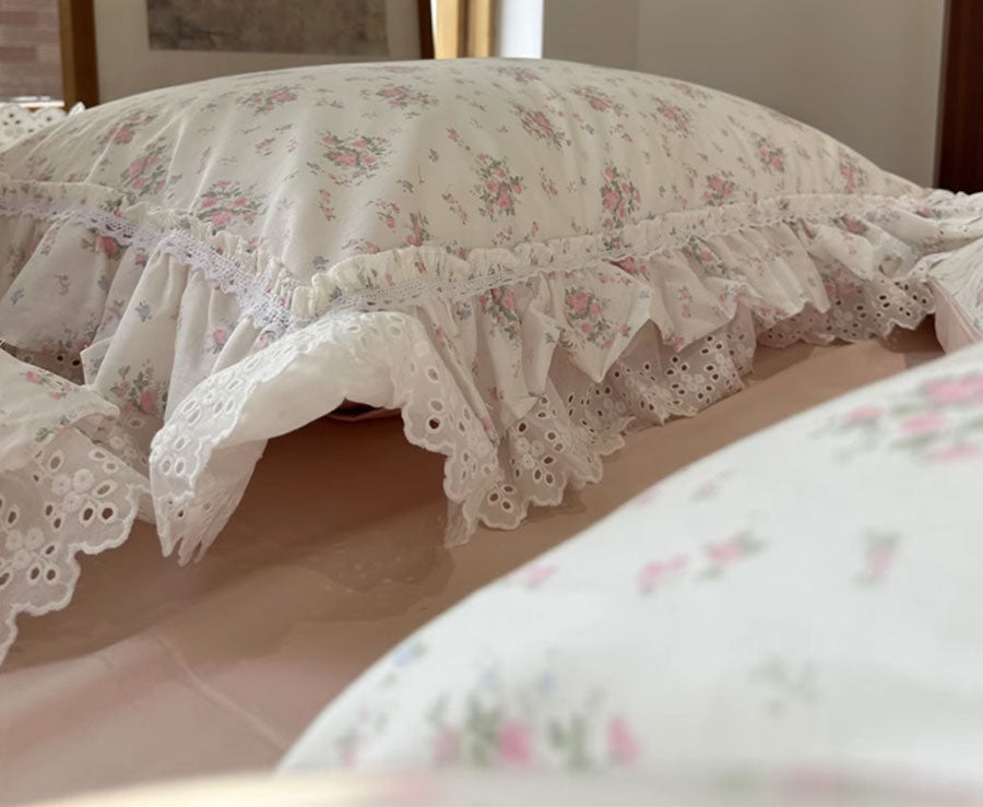 YICKYUE  -  Romantic sweet pink floral rose bedding set,twin full queen ruffled lace cotton home textile bedspread pillow case duvet cover