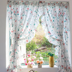 YICKYUE  -  Romance Retro White Plant Tulle Flounced Lace Printed Volie Sheer Window Curtains for Living Room Bedroom Kitchen Door Decor