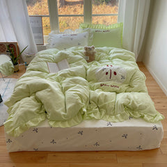 YICKYUE  -  Ins Lace Wrinkled Yarn Washed Cotton Four Piece Set Duvet Cover Set Bed Sheet Three Piece Set Non Pure Cotton Bedding Set
