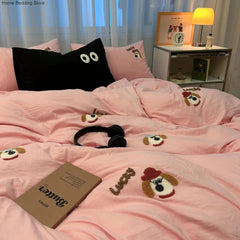 Yickyue Ins Cartoon Cute Dog Bedding Set Towel Embroidery Duvet Cover Queen Twin Full Size Pink Bed Flat Sheet Quilt Cover Pillowcases