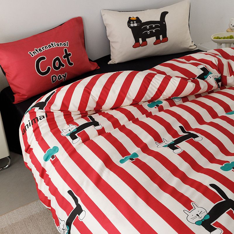 YICKYUE  -  100% Cotton Bedding Set Cute Cartoon Simple Striped Cat Bed 4pcs Set Dormitory Bed Sheets Duvet Covers Pillows Home Decoration