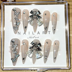 Butterfly Press On Nails Y2K Glitter Rhinestone Fake Nail With Glue Customized Handmade Long Coffin Stiletto False Nails Tips